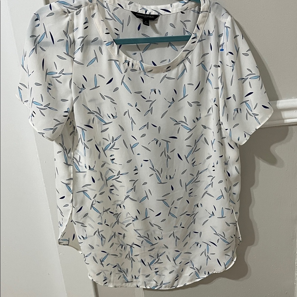 Banana Republic White Blouse with Blue Leaf Pattern